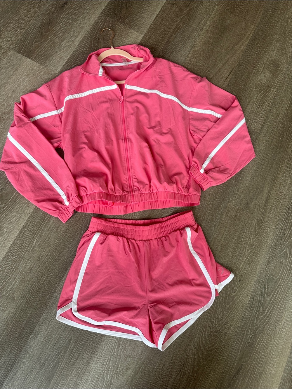 Beyond Yoga Hot Pink Track Jacket & Shorts Set with White Trim